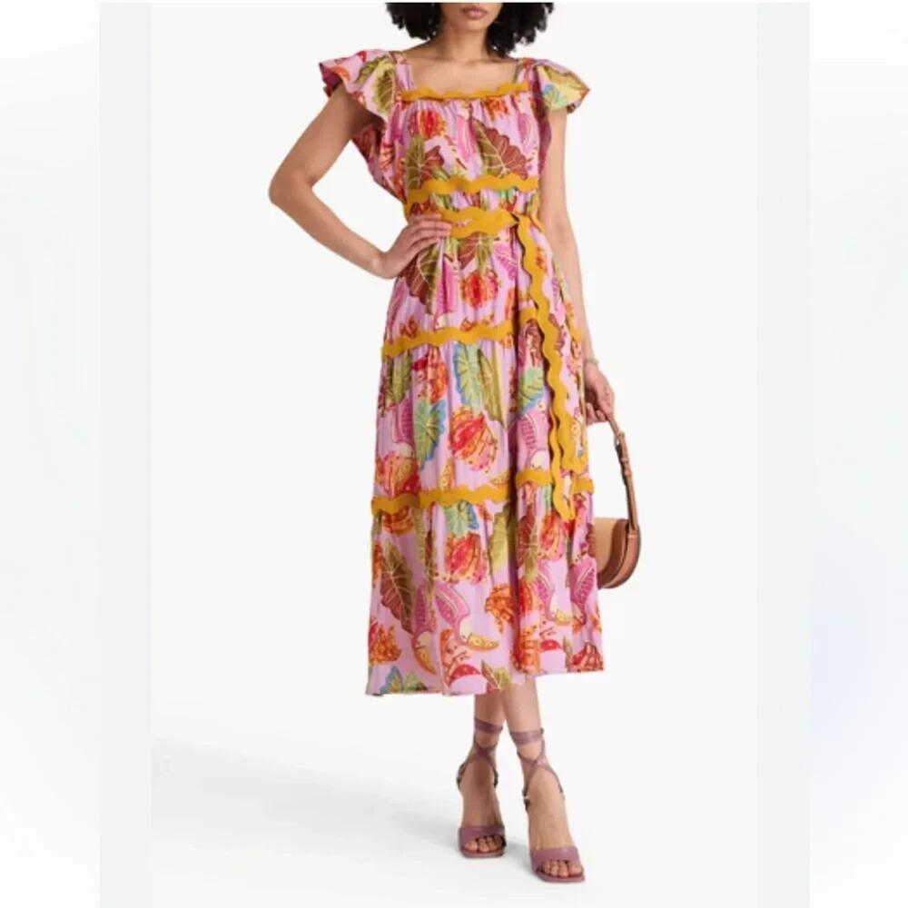 FARM Rio Maxi Dress Womens boho Tropical Banana Toucan Tiered Halter L A010585